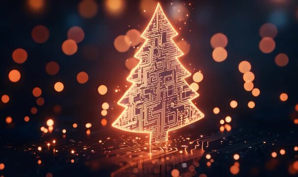 Electronic circuit board forming a glowing christmas tree shape, surrounded by warm bokeh lights on a dark background