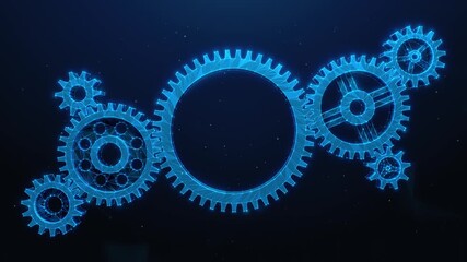 Low Poly Gears Rotating Together - Animated Background. Symbol of Corporate Collaboration, Synergy Partnership and Business Teamwork. Tech Support and Maintenance in Information Technology Industry. - Powered by Adobe