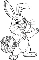Easter bunny cartoon, smiling character with egg basket, festive black and white drawing, spring holiday mascot for kids