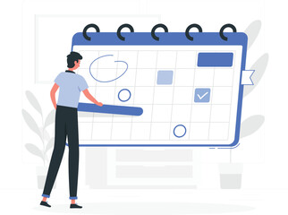 Man interacting with large calendar blue planning organization des