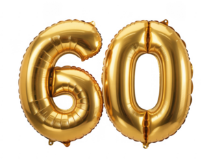 Gold balloons in shape of 60 number celebration isolated on a transparent background