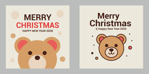 Cute Teddy Bear Christmas & New Year Greeting Cards &ndash; Festive Holiday Illustration Set Social Media Post Design