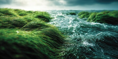 Rushing water stream flowing through lush green mossy terrain in nature.