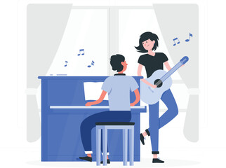 Man playing piano woman playing guitar music notes floating
