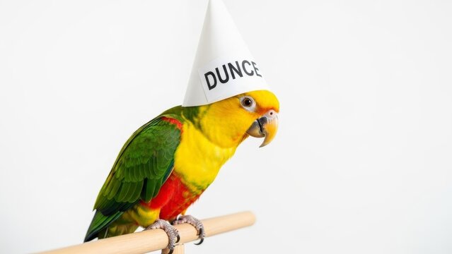 parrot wearing a dunce cap hat, dim, dumb, stupid, on a white background, animal photo