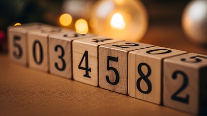 Close-up of wooden blocks with distinct numbers arranged sequentially against a blurred, warm background with soft bokeh lights