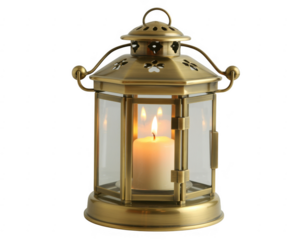 Gold metal lantern with glass panels and lit candle inside isolated on a transparent background