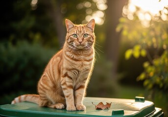 An orange tabby cat sits outdoors on a green surface with a blurred background of trees and sunlight filtering through the leaves