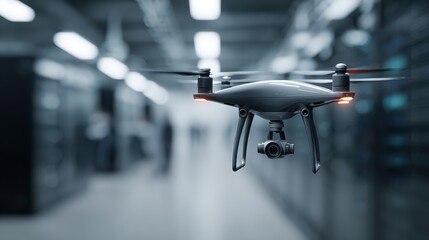 Drone Flying in a Futuristic Server Room with High-Tech Equipment and Blurred Background Focused on Data Management and Technological Innovation
