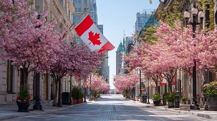 Awesome photo of scenic city street in Canada lined with blooming pink cherry blossom trees and Canadian flag.