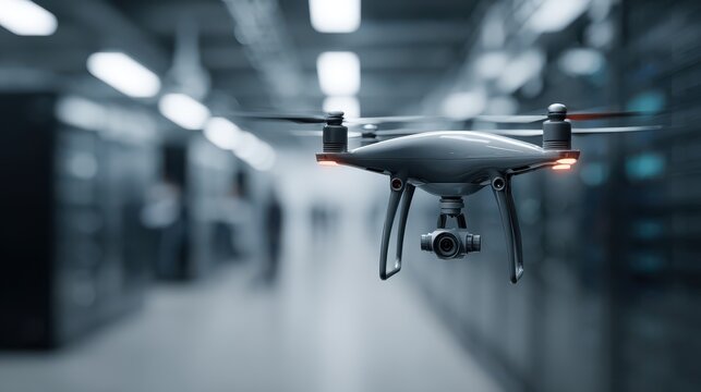 Drone Flying in a Futuristic Server Room with High-Tech Equipment and Blurred Background Focused on Data Management and Technological Innovation - Powered by Adobe