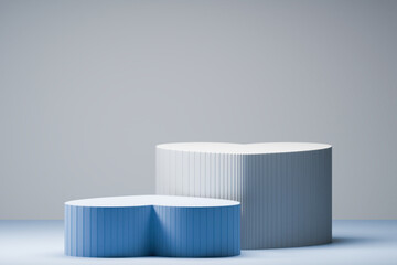 Blue heart-shaped 3D podiums on gray background.