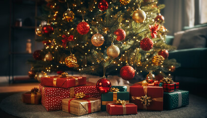 sapin de No&euml;l illumin&eacute; et cadeaux color&eacute;s, ambiance de f&ecirc;te magique