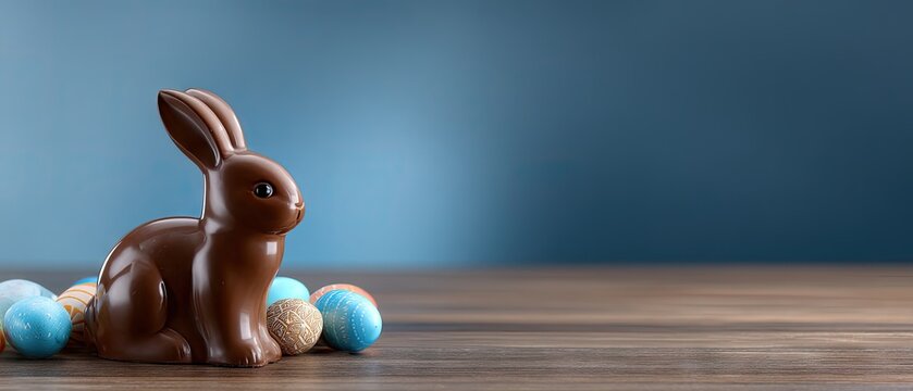 Easter chocolate bunny sits beside colorful eggs on wooden table with copy space for text and background in a festive scene