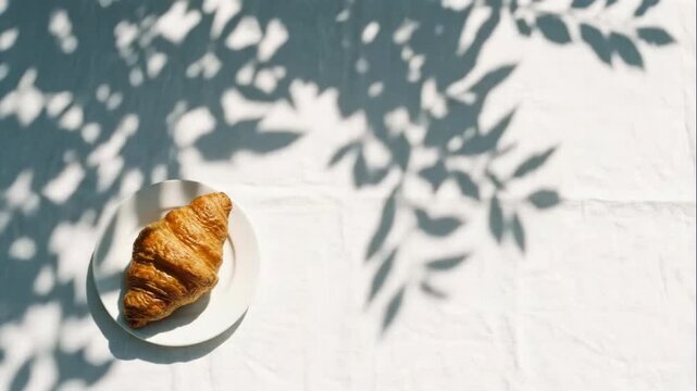 Morning croissant with dappled tree shadows, peaceful breakfast.