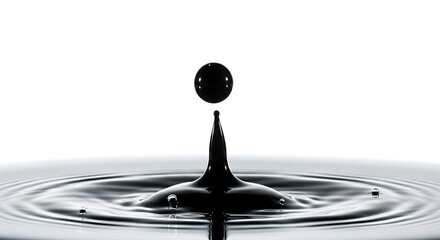 A black liquid drop suspended in the air above a pool of liquid with ripples expanding outwards