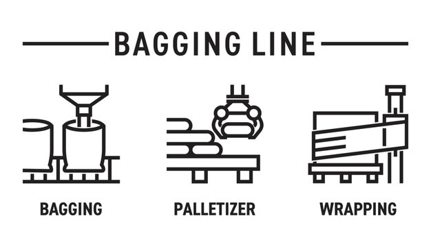 Bagging line - bold icons set with palletizing and wrapping equipment