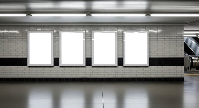 Four blank advertising billboards in a subway station, offering a prime location for marketing and promotional campaigns in a hightraffic area