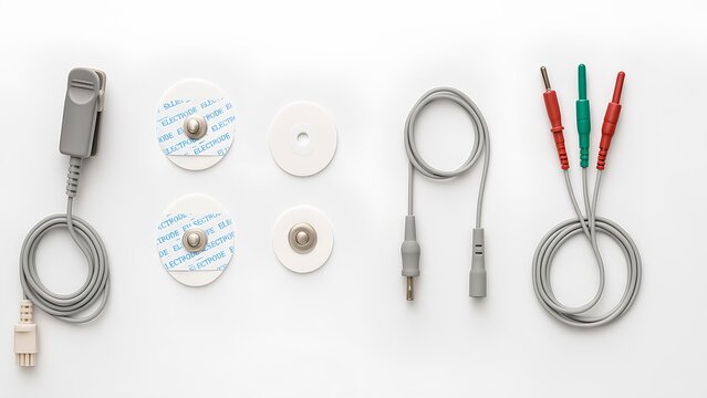 medical electrode cables and adhesive pads on white background