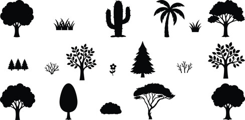 Black tree silhouettes set, nature plants icons collection, forest desert tropical shapes, vector illustration elements isolated on white background, design © Mst Jotsna