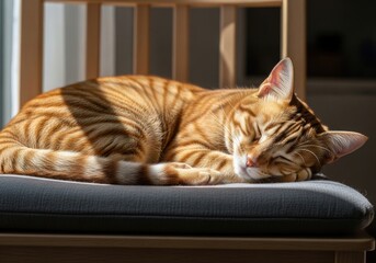 An adorable ginger tabby cat with striking stripes sleeps peacefully on a chair, bathed in warm sunlight casting striped shadows across its fur