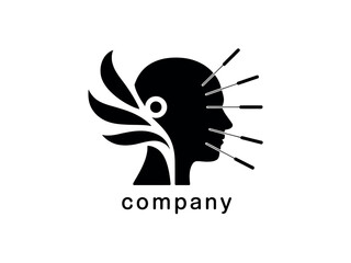 Black silhouette logo with human head, leaves, and lines on white background, company symbol