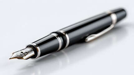 Fototapeta premium Elegant Black Fountain Pen with Silver Accents on a Reflective Surface.