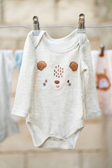 Baby bodysuit with cute design hanging