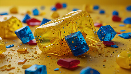 Yellow colored recycled plastic with colorful fragments