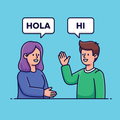 Cartoon man and woman greeting with Hola and Hi speech bubbles illustrating multilingual communication. © NFS Studio