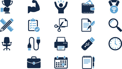 Business productivity icons set with office tools, achievement symbols, planning elements, modern flat design, blue vector illustration isolated on white background for creative projects