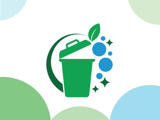 Eco-friendly waste management recycling symbol with green trash can and blue bubbles illustration