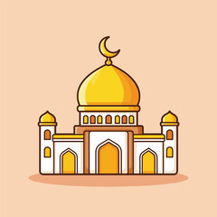 Cartoon Mosque Illustration with Golden Dome and Crescent Moon.