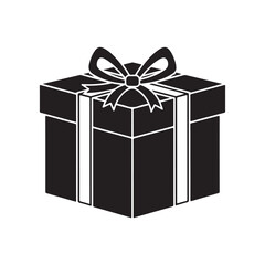 Flat Black Gift Box with White Ribbon and Bow Icon