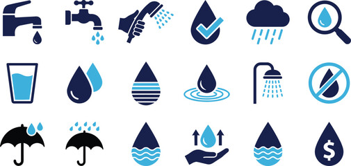 Water conservation icons set, with drops taps showers rain hygiene symbols, blue flat design for sustainability plumbing weather usage concept, vector infographic illustration collection