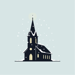 Minimalist Flat Vector Winter Church Silhouette with Lit Windows and Falling Snow