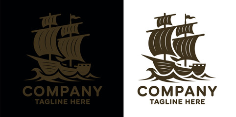Vintage Sailing Ship Logo Templates for Companies with Tagline on Black and White Backgrounds