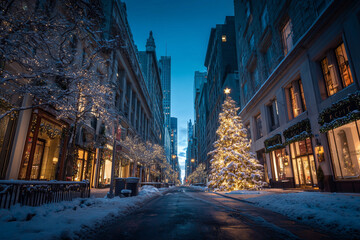 Fototapeta premium christmas trees in the city during winter snow