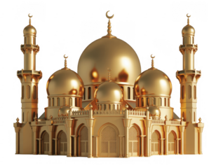 Golden mosque with domes and minarets architecture isolated on a transparent background
