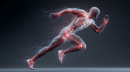 Awesome photo of abstract digital illustration of a human runner with visible anatomy and energy particles against a dark background.