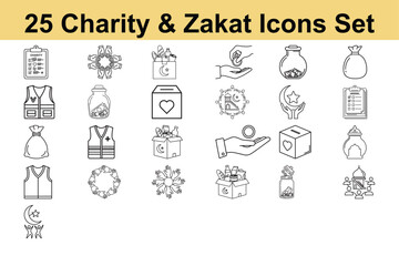 Charity and zakat icons set with checklist donation box vest money bag hands and food