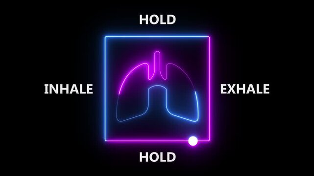 Lungs icon with breathing cycle timeline respiratory. neon anatomy lungs, breathing cycle. neon breathing exercise showing the four stages: inhale, hold, exhale, and hold, with lung icon.