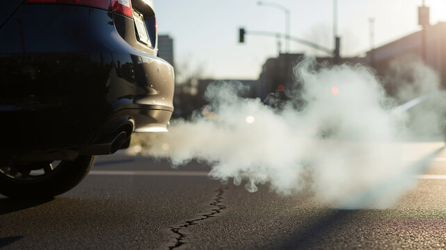 Exhaust fumes rising from a vehicle on city street during sunset  