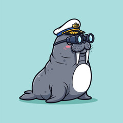 Cartoon Walrus Captain with Binoculars.