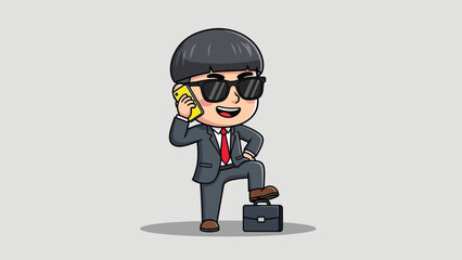 Cool cartoon businessman in suit and sunglasses talking on money foot on briefcase.