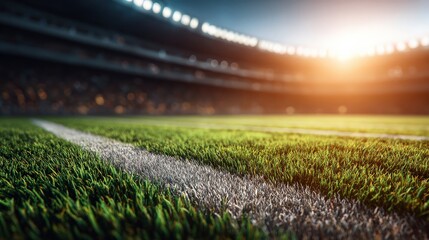 A vibrant image of a soccer field at sunset, showcasing lush green grass and stadium lights, evoking excitement and anticipation for a game.