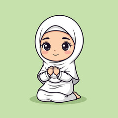 Cute cartoon Muslim girl in white hijab kneeling with hands clasped in prayer.