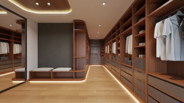 Modern luxury walk-in closet with wooden shelves and mirror