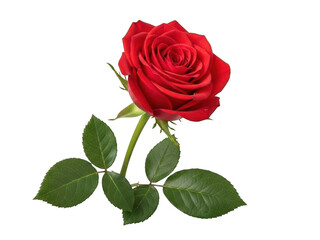 Fototapeta premium Single red rose with leaves isolated on transparent background