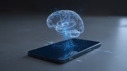 Digital Brain Concept Above Smartphone Screen Representing Innovation, Technology, and Artificial Intelligence in Modern Communication and Connectivity